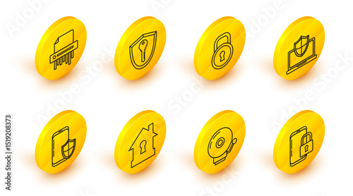 Set line Smartphone with closed padlock, Ringing alarm bell, House under protection, security shield, Laptop protected, Lock, Shield key and Paper shredder confidential icon. Vector