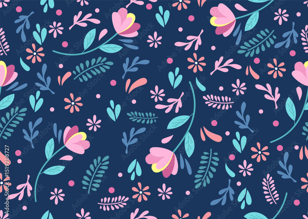 Fototapeta premium seamless Floral pattern. Pretty flowers on dark blue background. Seamless vector texture. Spring bouquet