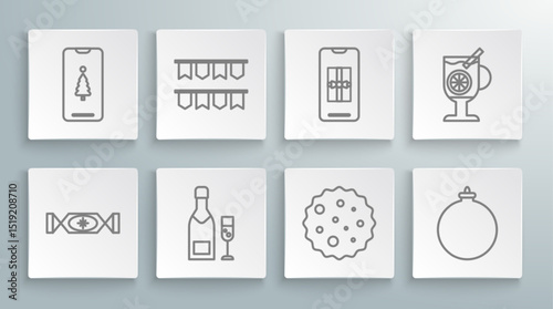 Set line Candy, Carnival garland with flags, Champagne bottle glass of champagne, Cookie or biscuit chocolate, Christmas ball, Smartphone gift box, Mulled wine drink and icon. Vector