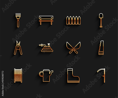 Set line Wooden staircase, Watering can, Garden rake, Waterproof rubber boot, Scythe, hose or fire hose, saw and Gardening handmade scissors icon. Vector
