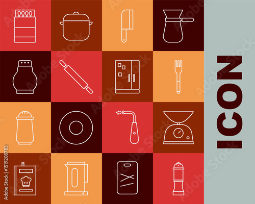 Set line Pepper, Scales, Fork, Meat chopper, Rolling pin, Salt and pepper, Open matchbox matches and Refrigerator icon. Vector