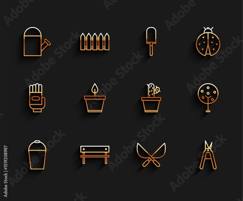 Set line Bucket, Bench, Watering can, Gardening handmade scissors, Plant pot, Tree and Cactus succulent icon. Vector