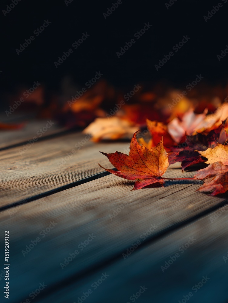 Obraz premium Autumn leaves scattered on a wooden deck, creating a warm, tranquil atmosphere in nature