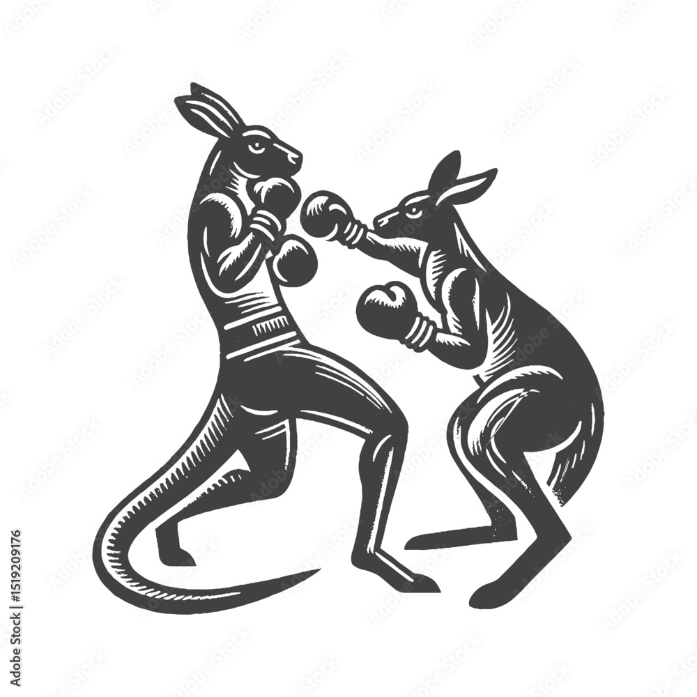 Fototapeta premium Vintage Hand-Drawn Kangaroo Boxing Playfully Illustration, Fun Marsupial Engraved Style Vector for T-Shirts and Wildlife Humor Design