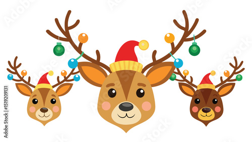Three Cartoon Reindeer Faces with Christmas Lights and Hats on a White Background