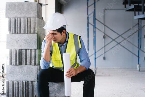 Asian male engineer wearing a hard hat and safety vest sits on concrete blocks, visibly stressed and exhausted, holding building plans amid challenging construction site and unfinished project work.