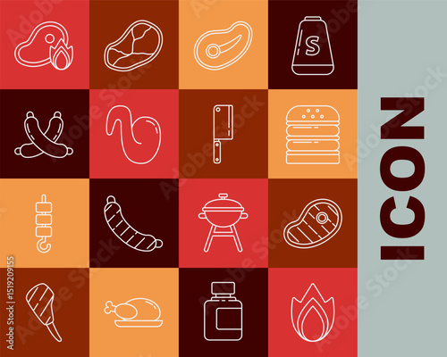 Set line Fire flame, Steak meat, Burger, Fried chicken wing, Crossed sausage, Grilled steak and fire and Meat chopper icon. Vector