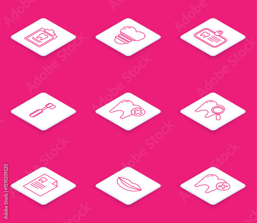 Set line Clipboard with dental card, Dental implant, Id tooth, Toothbrush, search, and Smiling lips icon. Vector