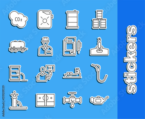 Set line Canister for motor oil, Gasoline pump nozzle, Oil rig with fire, Barrel, Oilman, railway cistern, CO2 emissions cloud and Contract money and pen icon. Vector