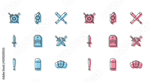 Set line Baseball bat, Cartridges, Wooden shield with crossed swords, Shield, Chevron, Crossed medieval, Medieval and dynamite stick and timer clock icon. Vector