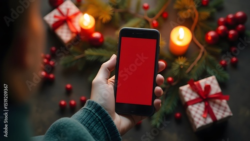 A person holds a smartphone with a blank screen, standing in front of a decorated Christmas tree.