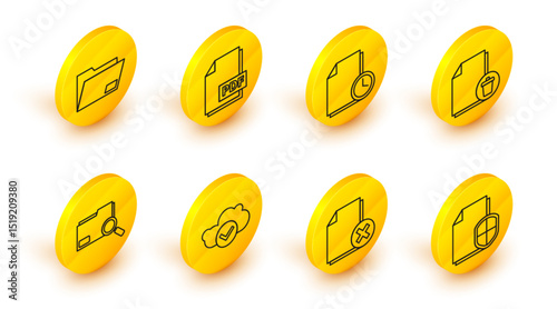 Set line Document protection concept, Delete file document, Cloud with check mark, Search folder, clock, PDF and icon. Vector