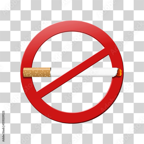 Burning a cigarette in the red circle sign no smoking. realistic vector illustration