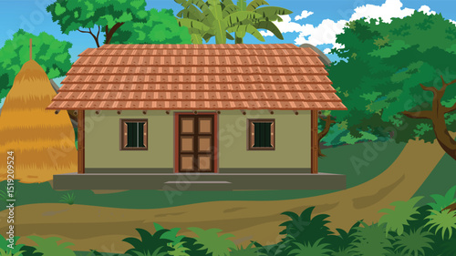 Indian Village House Vector Illustration | Rural Cartoon Background for Animation | Traditional South Indian Hut with Haystack and Trees | Editable EPS for Kids Animation Projects

