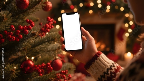 A person holds a smartphone with a blank screen, standing in front of a decorated Christmas tree.	