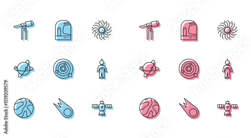 Set line Falling stars, Comet falling down fast, Telescope, Satellite, Solar system, Astronaut, Satellites orbiting the planet Earth and helmet icon. Vector