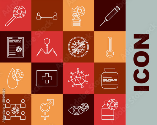 Set line Bottle with virus, Medicine bottle and pills, Medical thermometer, DNA symbol, Bacteria bacteriophage, Clipboard blood test results, Virus under magnifying glass and Stop icon. Vector