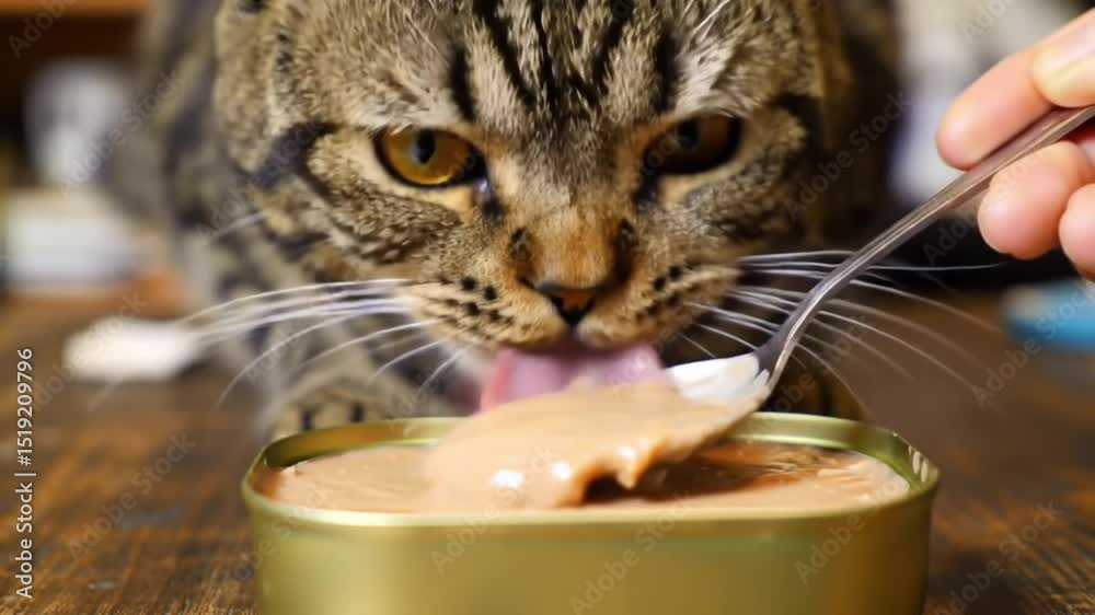 A pampered tabby cat savoring gourmet pate from a spoon looking intently at the food in a close up shot focusing sharp
