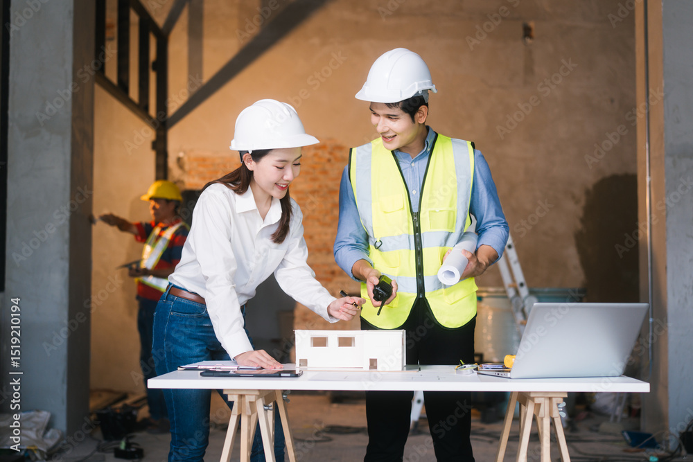 Asian male and female engineers wearing safety vests and helmets inspect structural elements, review blueprints, plan material choices bricks, steel, concrete during home renovation project on-site. Asian male and female engineers wearing safety vests and helmets inspect structural elements, review blueprints, plan material choices bricks, steel, concrete during home renovation project on-site.