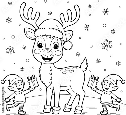 Christmas reindeer with elves and gifts coloring page