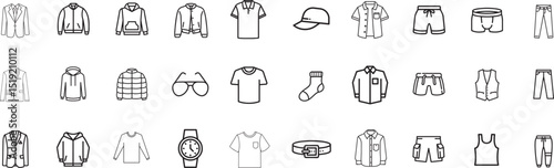 Men's clothing and fashion accessories. Includes coat, hoodie, jacket, t-shirt, jeans, shorts, belt, watch, cap, sunglasses, and vest in minimal outline style.