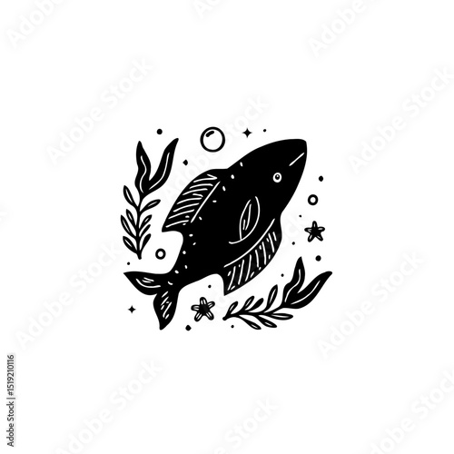 Stylized Black Fish Illustration with Marine Plants and Stars on White Backdrop