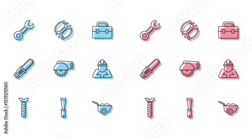 Set line Metallic screw, Putty knife, Wrench spanner, Wheelbarrow, Electric circular saw, Builder, Chainsaw and and arrows as workflow icon. Vector