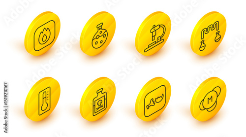 Set line Molecule, Broken flask, Poison in bottle, Medical thermometer, Test tube and, Microscope, and Fire flame icon. Vector
