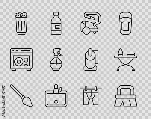 Set line Handle broom, Brush for cleaning, Vacuum cleaner, Washbasin, Full trash can, Water spray bottle, Drying clothes and Iron ironing board icon. Vector