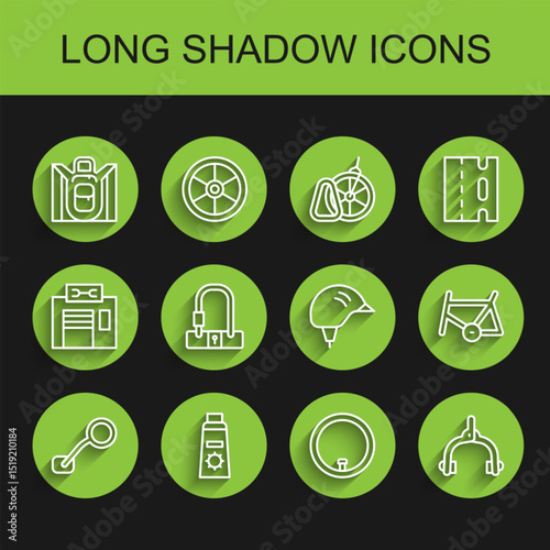Set line Bicycle rear view mirror, Sunscreen cream in tube, Hiking backpack, wheel, brake calipers, lock, frame and helmet icon. Vector