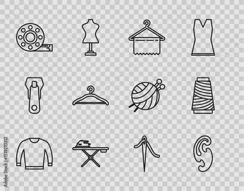 Set line Sweater, French curves, Hanger wardrobe, Electric iron and ironing board, Tape measure, Needle for sewing with thread and Sewing spool icon. Vector