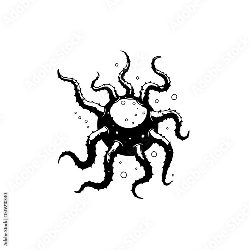 Creepy black and white illustration of a monster with tentacles and a central sphere