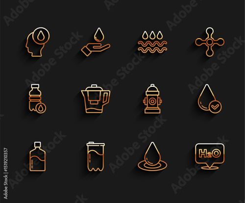 Set line Big bottle with clean water, Water filter cartridge, drop, Chemical formula for H2O, jug, and Fire hydrant icon. Vector