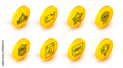 Set line Tourist binoculars, USA Independence day, Calendar with date July 4, Shield stars, Medal, map and United States Capitol Congress icon. Vector