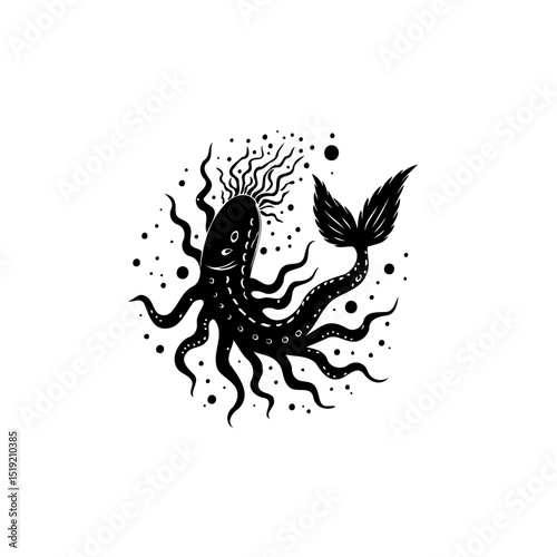 Mystical ocean creature silhouette with stylized octopus and fishtail illustration