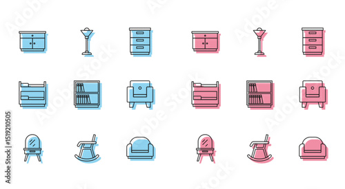 Set line Dressing table, Armchair, Furniture nightstand, Library bookshelf, Bunk bed and Floor lamp icon. Vector