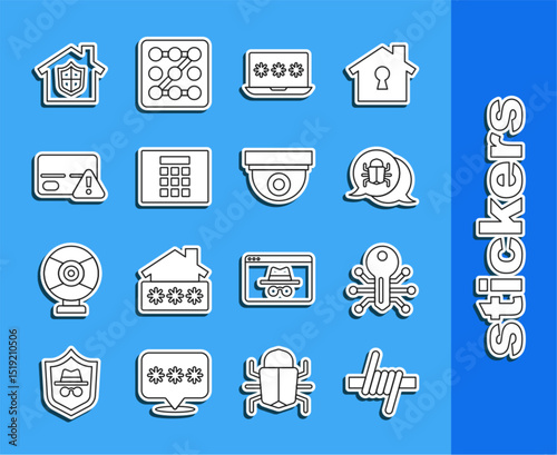 Set line Barbed wire, Smart key, System bug, Laptop with password, Password protection, Credit card, House under and Security camera icon. Vector