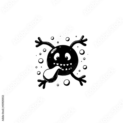 Whimsical Cartoon Character with Bulging Eyes and Tongue Out in Black and White