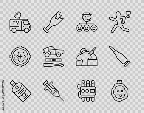 Set line Whiskey bottle, Murder, Mafia, Syringe, TV News car, Car theft, Dynamite and timer clock and Bullet icon. Vector