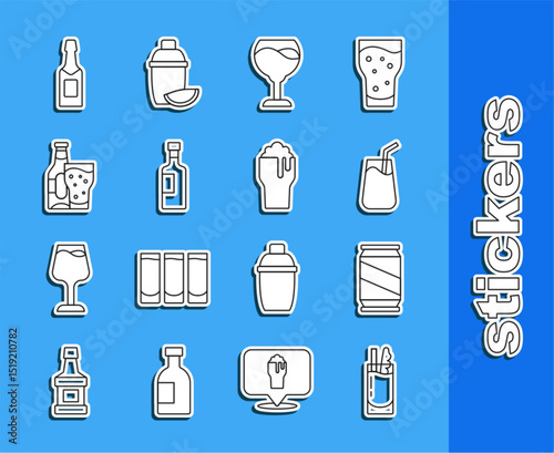 Set line Cocktail Bloody Mary, Beer can, Wine glass, bottle, and, Champagne and Glass of beer icon. Vector