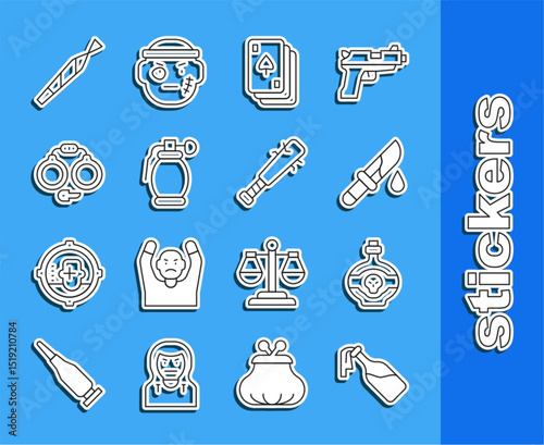 Set line Cocktail molotov, Poison in bottle, Bloody knife, Playing cards, Hand grenade, Handcuffs, Marijuana joint and Baseball bat with nails icon. Vector
