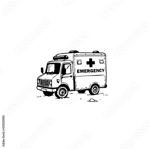 Stylized ambulance drawing featuring a cartoonish design and bold black outlines