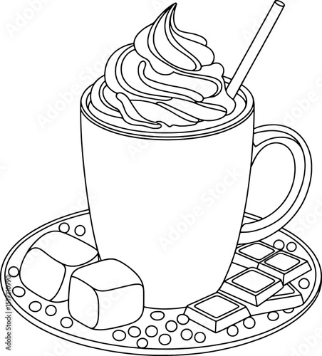 Delicious hot chocolate with whipped cream and chocolate