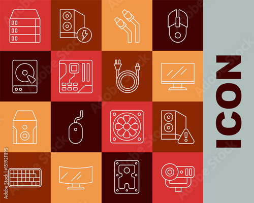 Set line Web camera, Case of computer, Computer monitor screen, LAN cable network internet, Motherboard digital chip, Hard disk drive HDD, Server, Data, Hosting and Electric plug icon. Vector