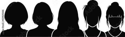 Silhouette of women with various modern hairstyles, highlighting the beauty of hair and style in a modern silhouette of diverse women. 