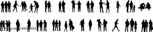 A collection of black silhouettes depicting individuals in various poses. Representing daily life, these figures showcase a diverse range of human activities.