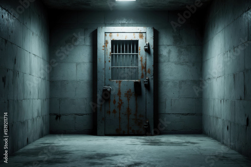 Eerie Prison Cell with Rusty Door