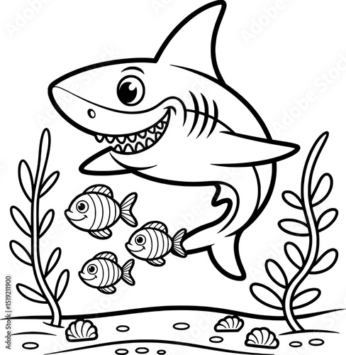 Happy cartoon shark swimming underwater scene coloring page