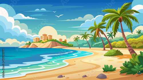 Tropical Beach Paradise. Palm Trees. Ocean. and Sandy Shores