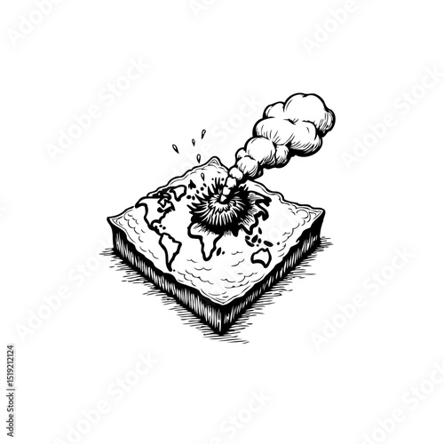 Conceptual illustration of global issues with a volcanic eruption on a square earth